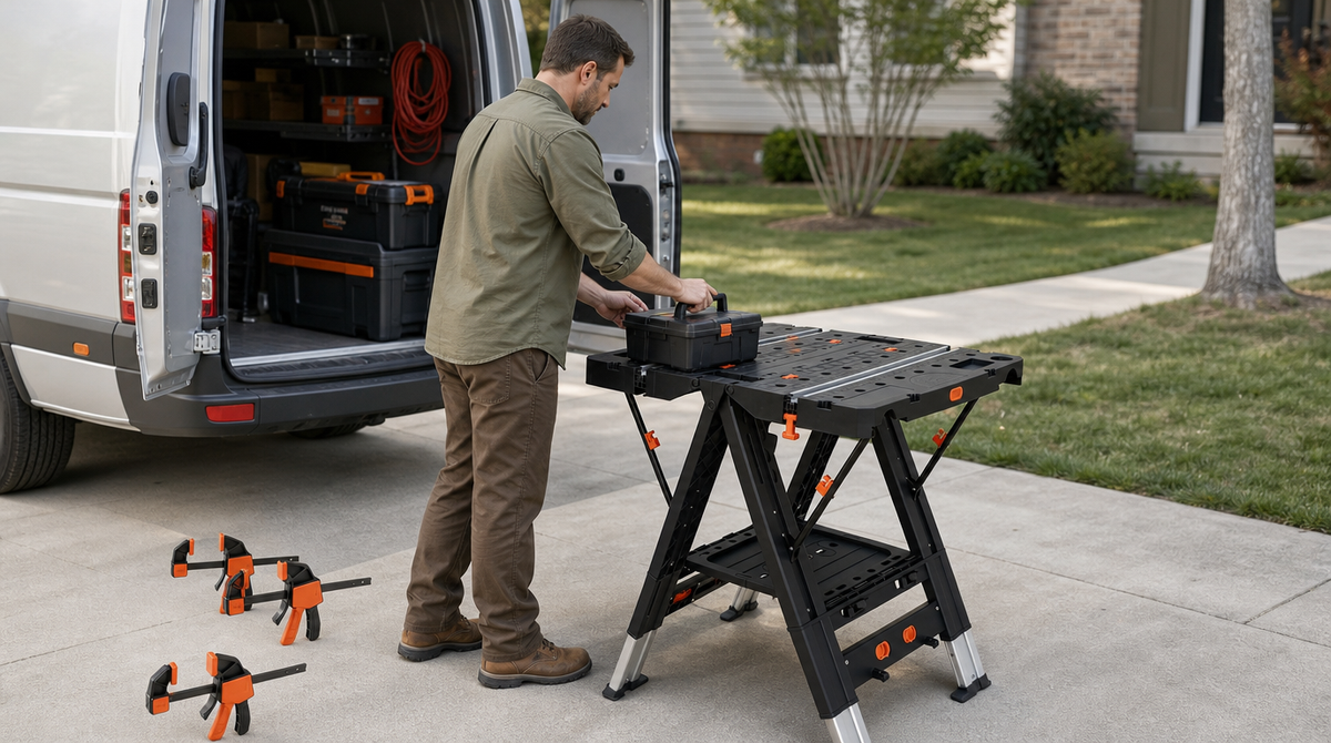 “Man placing a toolbox on a portable workbench beside an open work van, with bar clamps on the driveway.”