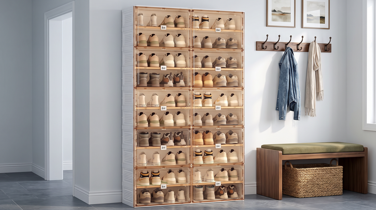 Ten-tier shoe cabinet with uniform shelf spacing beside a cushioned entryway bench and wall-mounted coat hooks