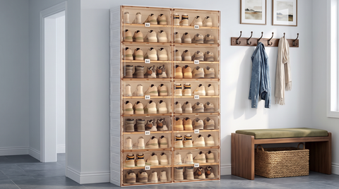 Ten-tier shoe cabinet with uniform shelf spacing beside a cushioned entryway bench and wall-mounted coat hooks