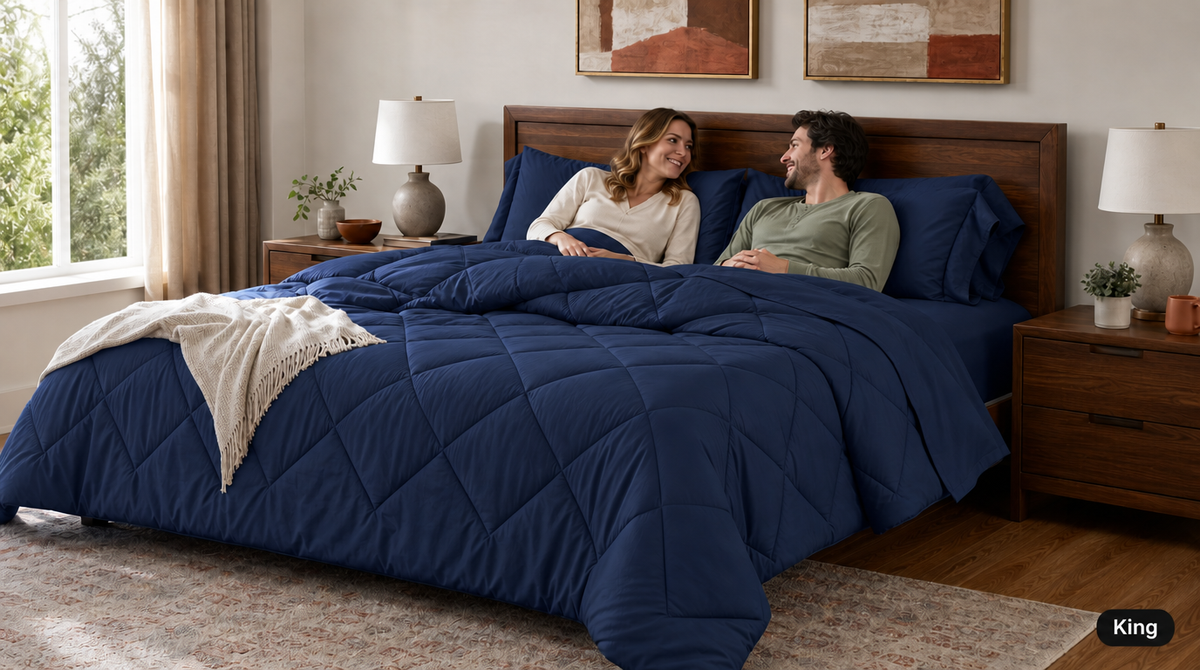 Navy king comforter set with matching sheets and shams on a wood-framed bed, with a couple reclining beneath the comforter.