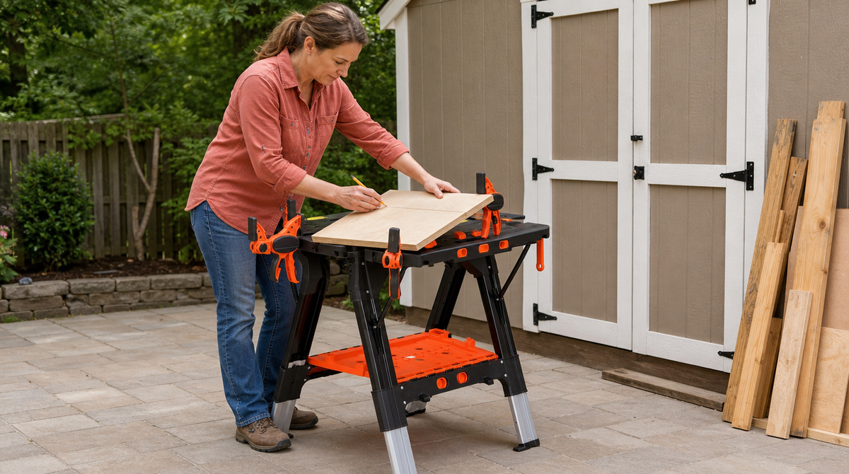 “Woman marking a wood panel on a portable folding workbench with orange clamps beside a backyard shed.”