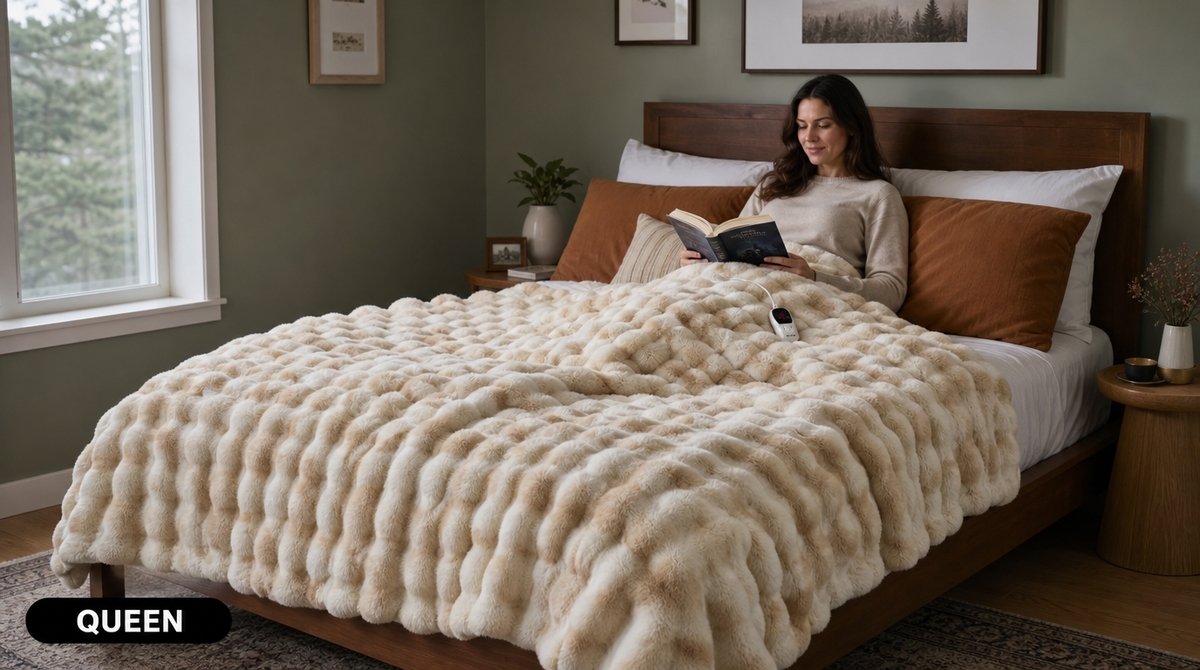 Woman reading in bed under a cream and beige queen-size faux fur heated blanket, with a controller beside her