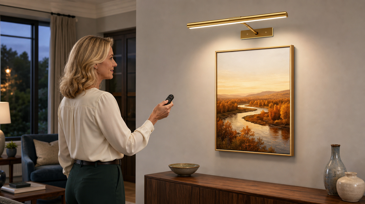 “Woman using a remote to control a gold battery operated picture light above framed river artwork in a living room.”