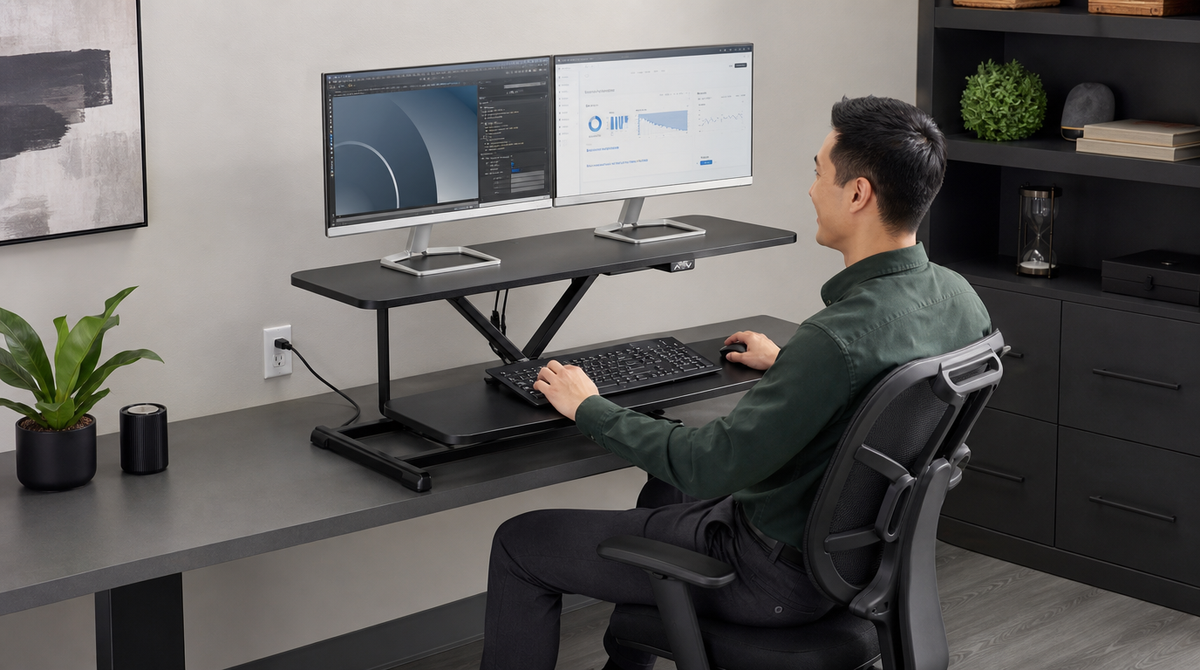 “Man seated at an electric desk converter with two monitors displaying design software and charts in a home office.”