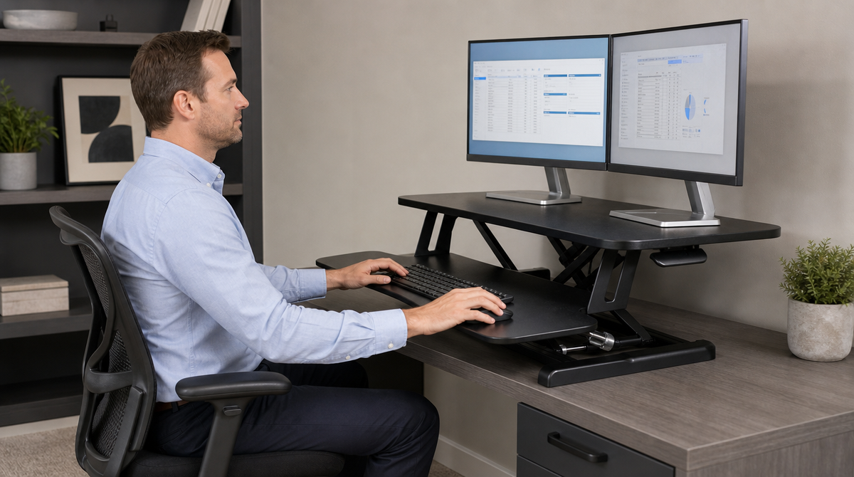 “Man seated at a pneumatic standing desk converter, using a keyboard and mouse beneath two monitors.”