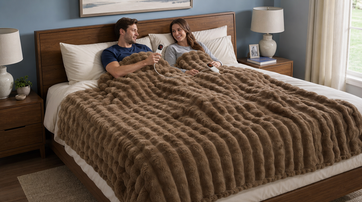 Brown bubble-textured heated blanket spread across a bed, covering a couple holding separate wired controllers