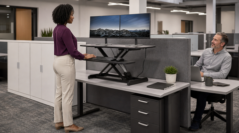 “Woman working standing at an electric dual-monitor desk converter in an office cubicle beside a seated coworker.”