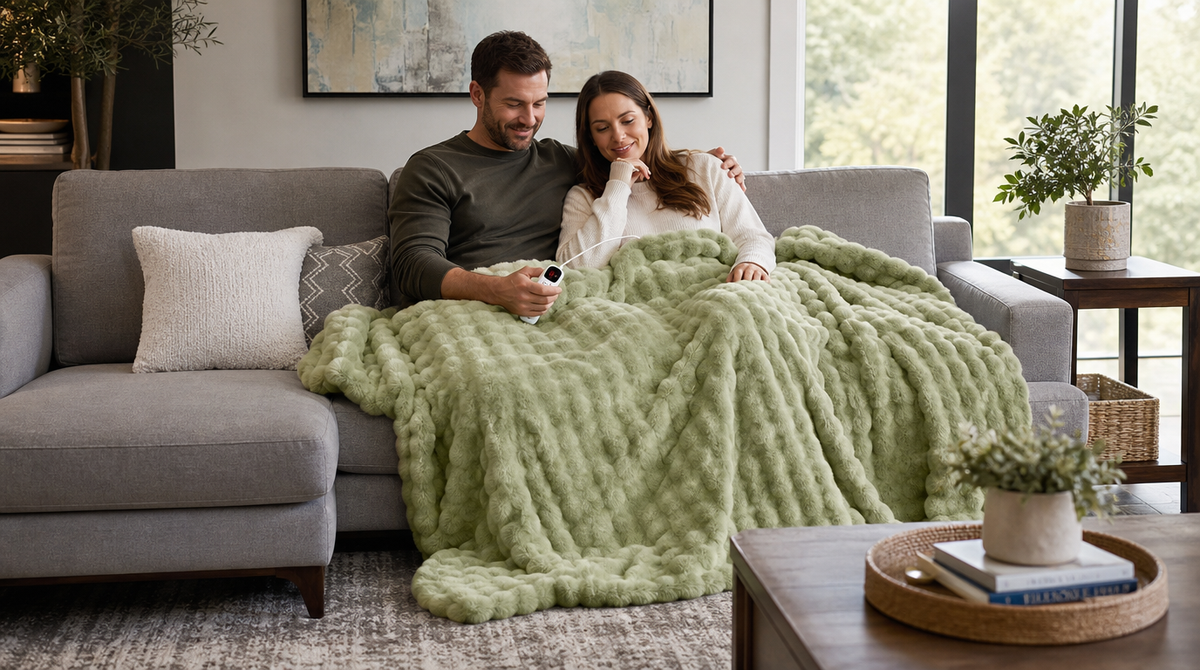 Couple sharing a light green bubble-textured heated blanket on a gray sectional sofa, with one controller visible.
