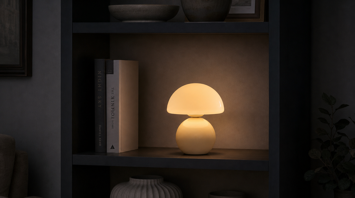 “Compact cream mushroom lamp nestled beside upright books on a shelf, casting light across the back panel.”