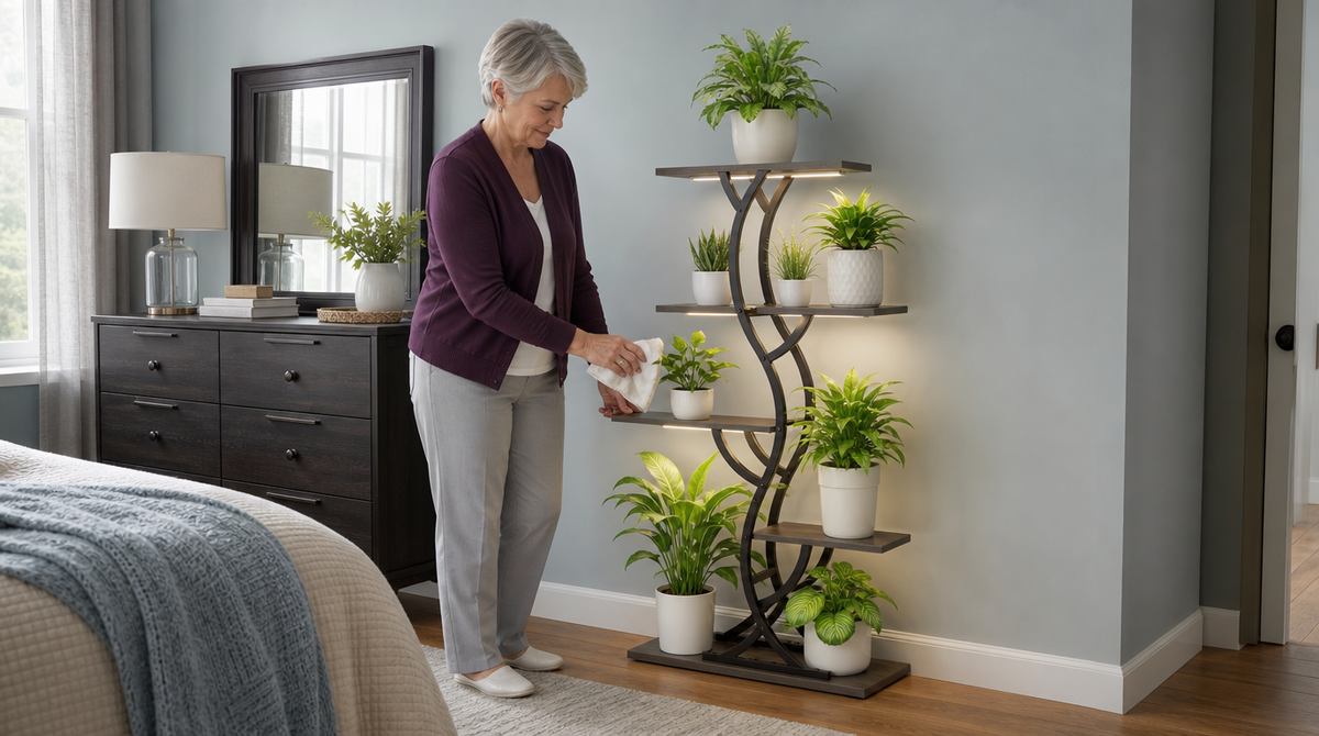 “Woman wiping a gray plant shelf beneath potted greenery, with grow lights illuminating the bedroom display.”