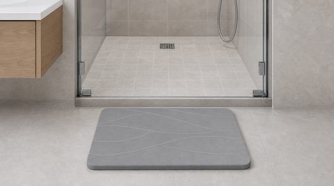 Gray line-pattern stone bath mat positioned just outside a glass shower, below its raised threshold.