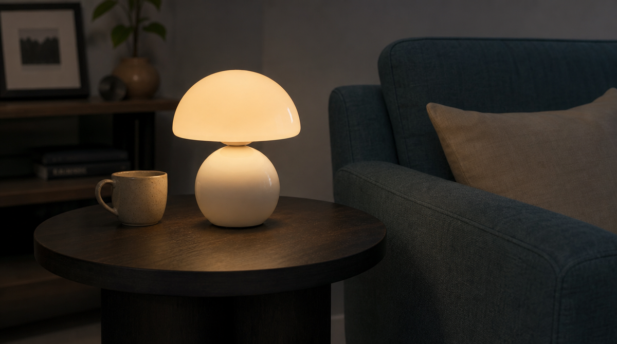 “White mushroom lamp sharing a small round side table with a mug beside a blue upholstered armchair.”
