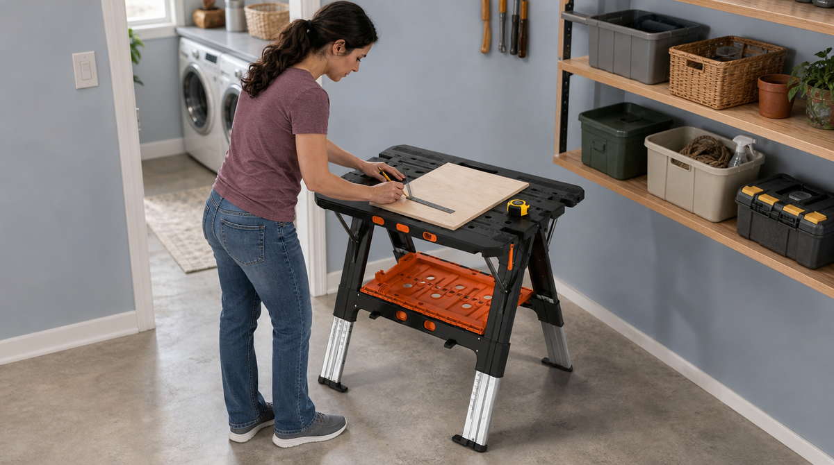 “Woman using a ruler and pencil to mark a wood panel on a portable workbench in a utility room.”