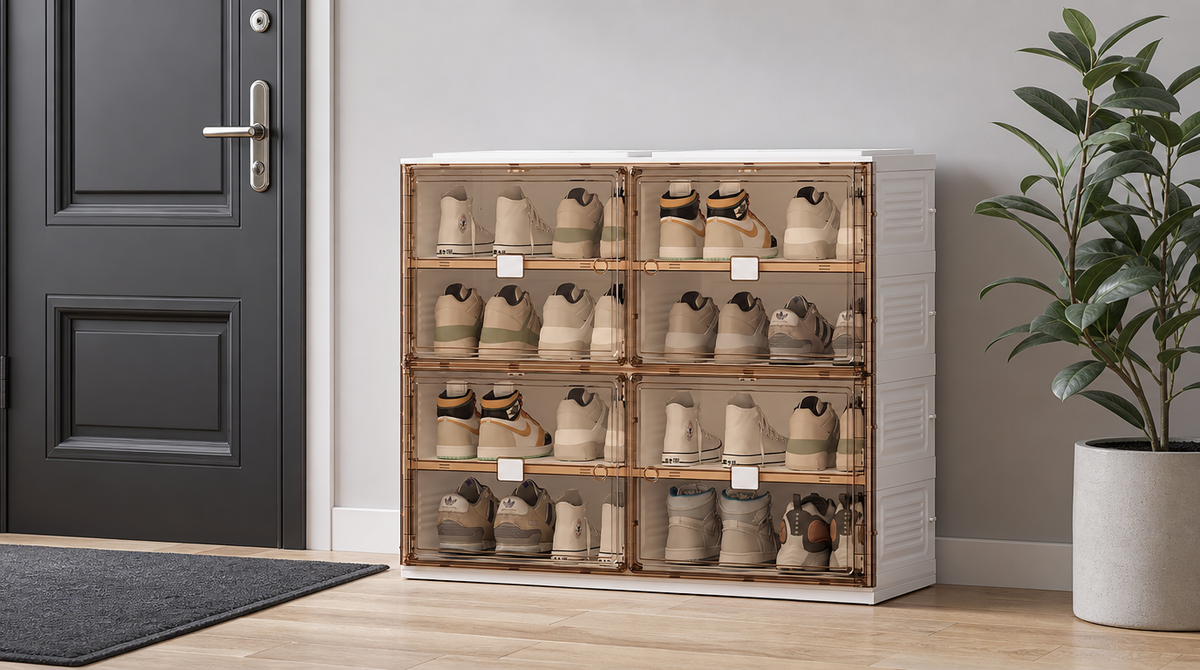 Four-tier shoe cabinet with a white frame and transparent brown doors beside a dark front door and potted plant.