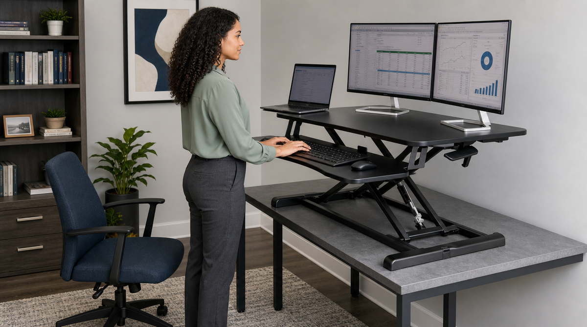 “Woman standing at a black desk converter with two monitors and a laptop in a home office.”