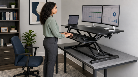 “Woman standing at a black desk converter with two monitors and a laptop in a home office.”