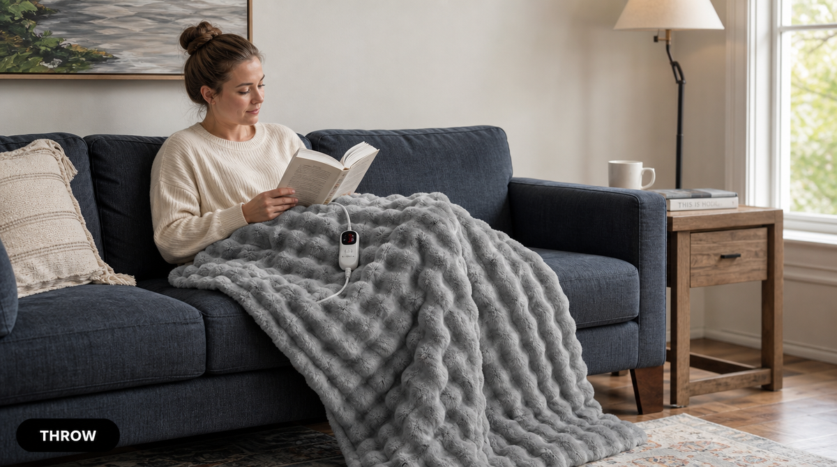 Woman reading on a navy sofa under a gray faux fur heated throw, with its wired controller resting on her lap