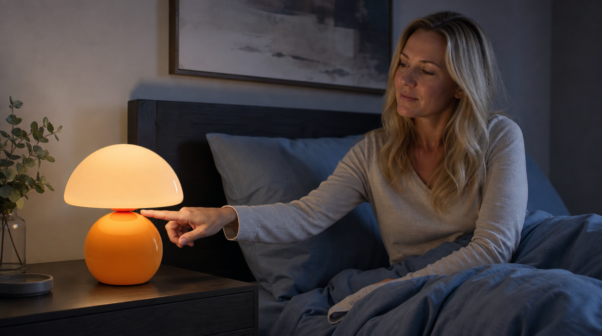“Woman reaching from bed to tap the touch control on an illuminated orange cordless mushroom lamp.”