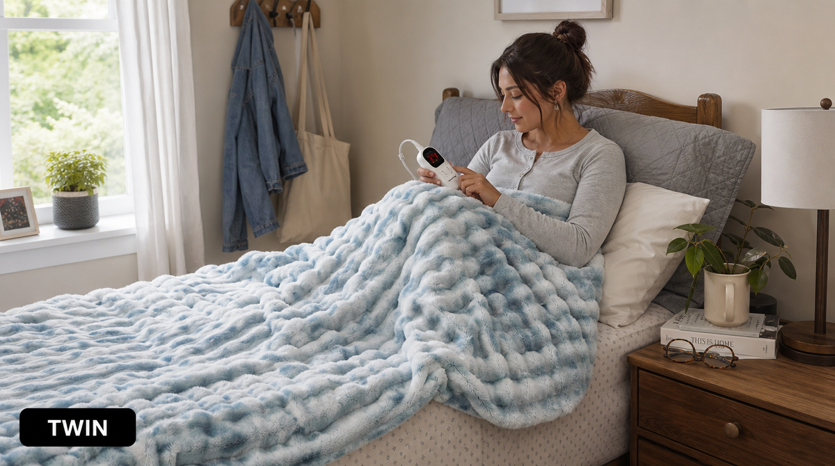 Woman adjusting the controller of a blue-and-white faux fur heated blanket while sitting in a twin bed.