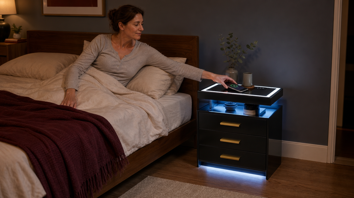 “Woman reaching for a phone on a black three-drawer nightstand with a white-lit tabletop border and blue shelf lighting.”
