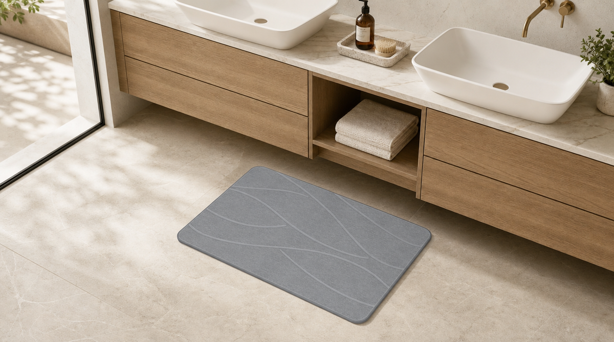 Angled view of a gray stone bath mat on light tile in front of a floating double-sink vanity.