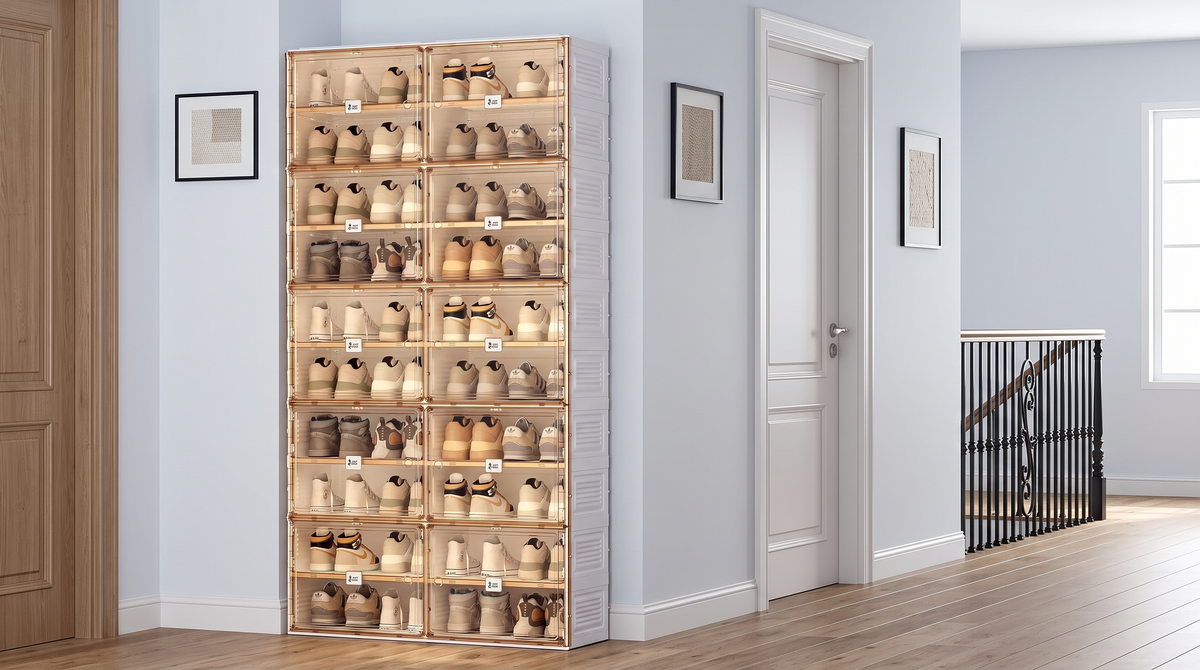 Ten-tier foldable shoe cabinet filled with shoes against a hallway wall near a staircase