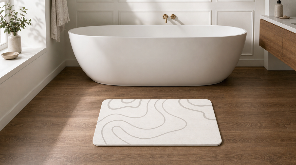 White stone bath mat with gray abstract curves on a dark wood-look bathroom floor beside a tub.