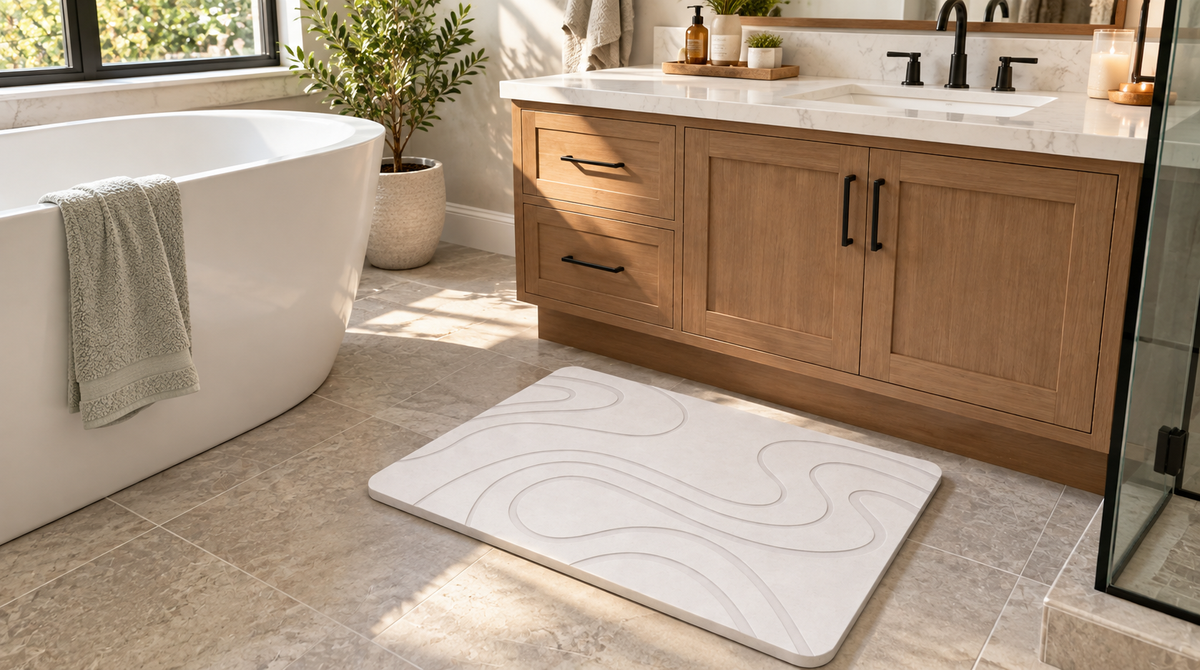 White stone bath mat with sweeping nested curves on tile between a bathtub and a double-sink vanity.
