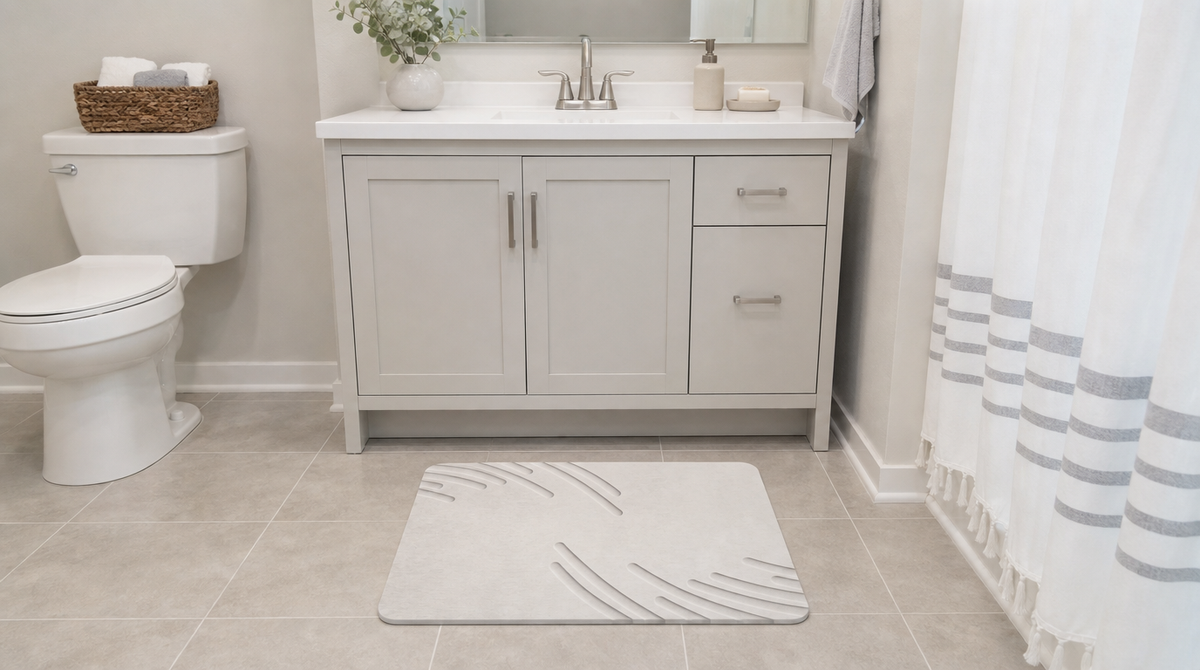 White stone bath mat with feather-like corner grooves in front of a light vanity beside a shower curtain.