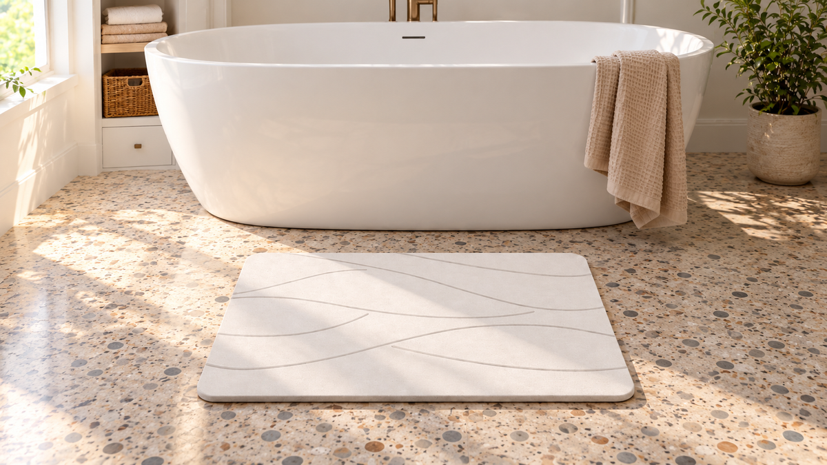 White stone bath mat with fine curved lines on a speckled bathroom floor beside a freestanding tub.
