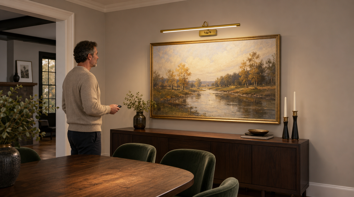 “Long gold picture light illuminating a wide landscape painting above a dining-room sideboard, with a man holding the remote.”