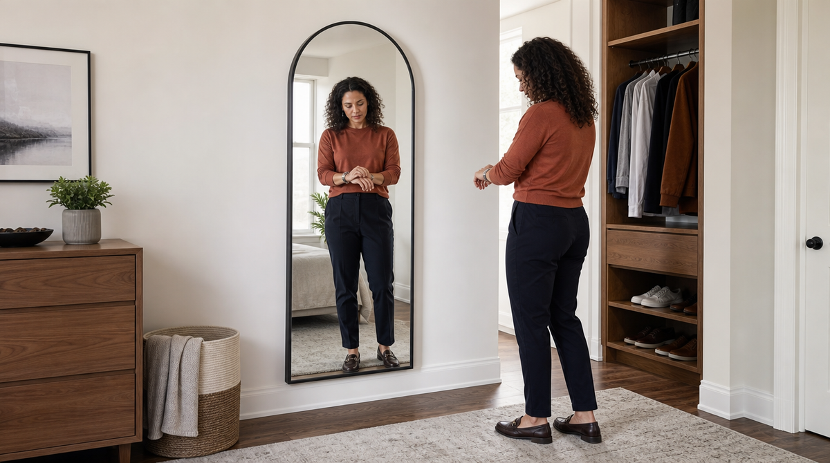 “Woman adjusting her watch beside a black wall-mounted full length mirror next to an open wardrobe.”
