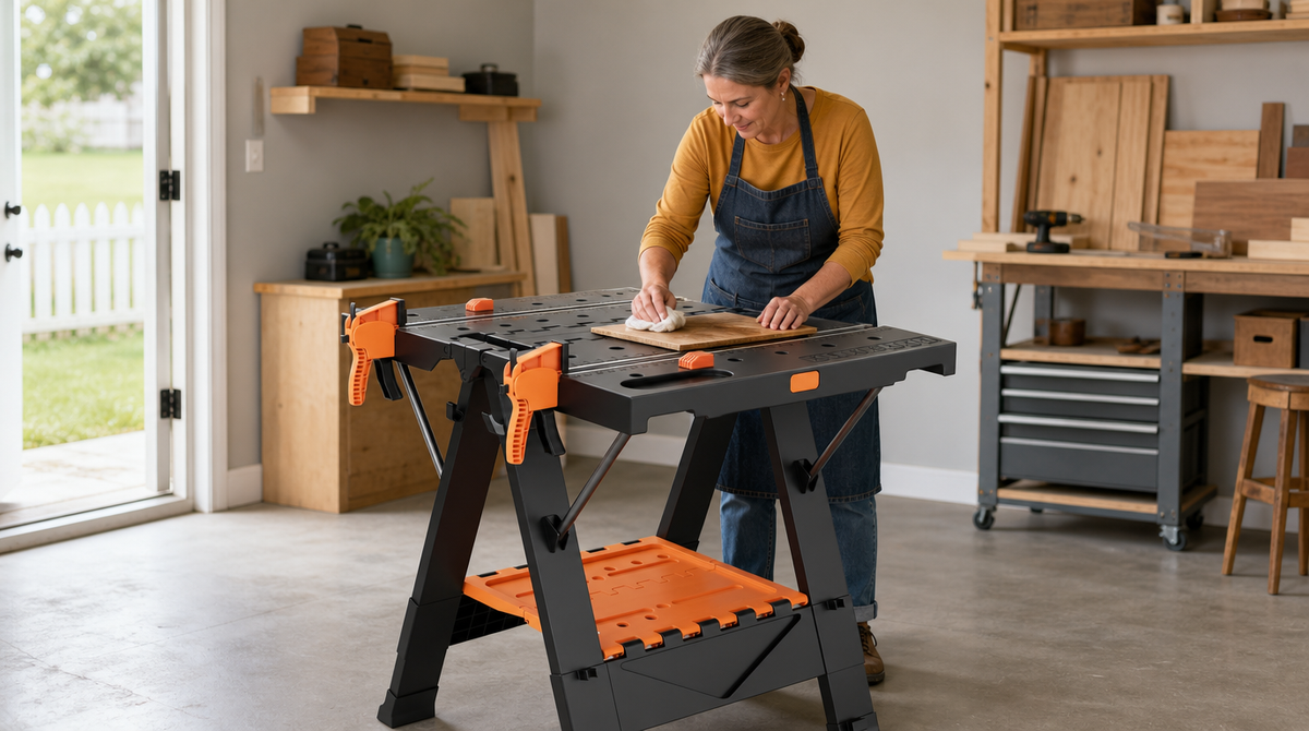 “Woman wiping a wooden board on a black folding workbench with orange clamps and a lower storage tray.”