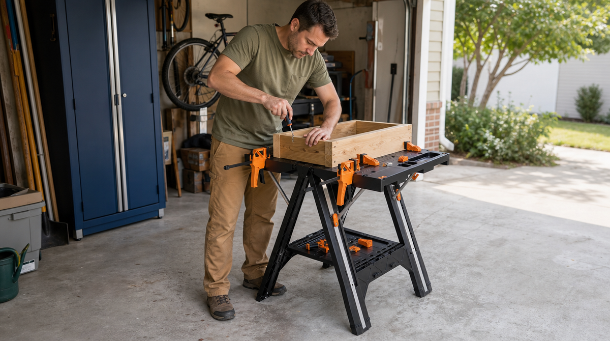 “Man using a screwdriver to assemble a wooden box held by orange clamps on a folding workbench in a garage.”