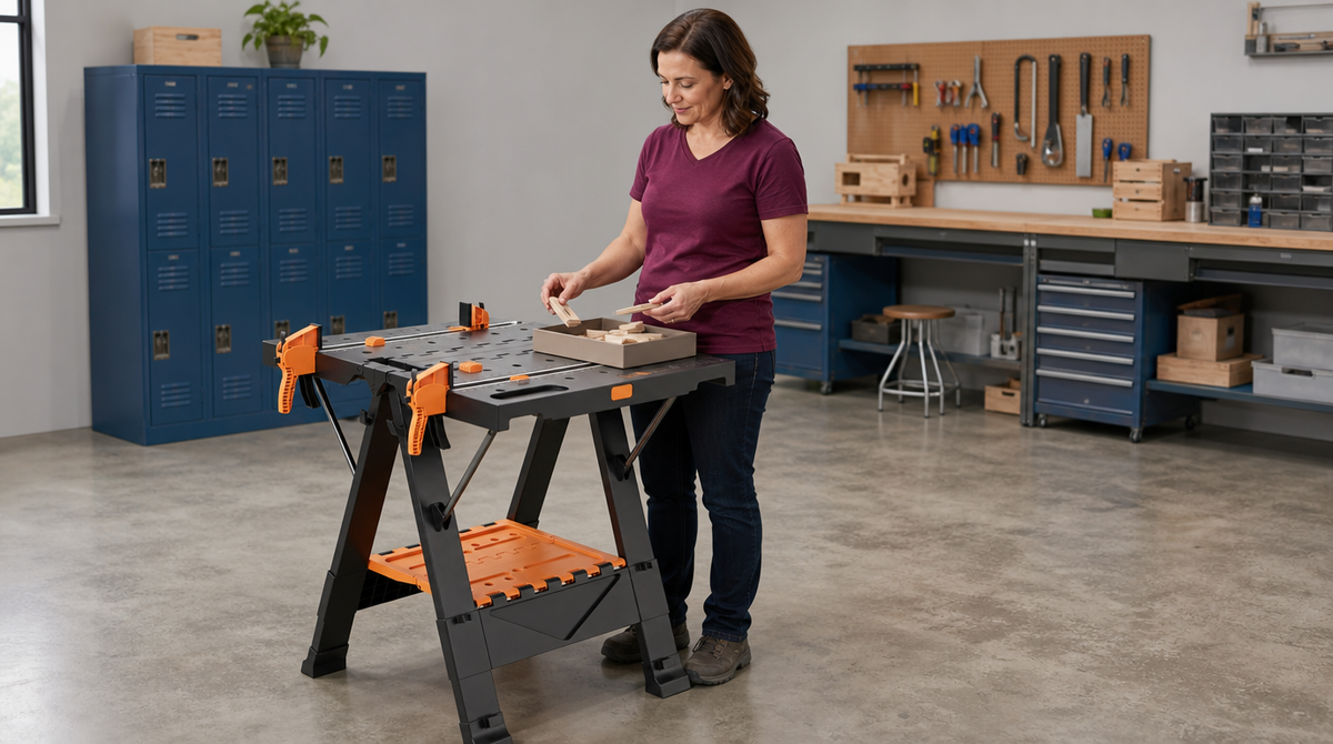“Woman sorting small wooden pieces on a folding workbench with an orange lower shelf in a spacious workshop.”