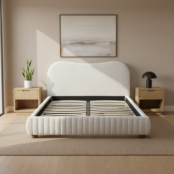 Norme Boucle Upholstered Low Profile Queen Size Platform Bed In Cream