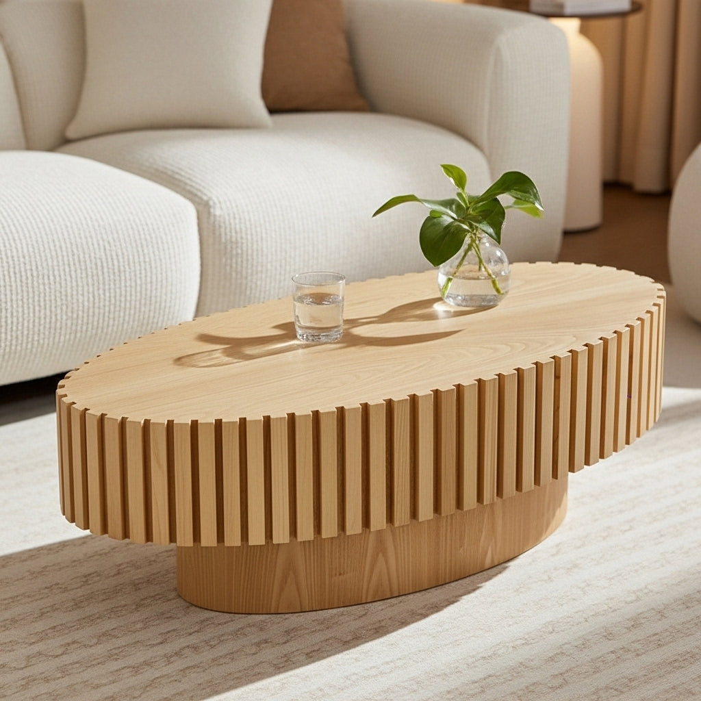 Modern Handcraft Drum Coffee Table Length 43.7 inch Ellipse Coffee Table for Living Room,Oval Small Coffee Table with Sturdy Pedestal