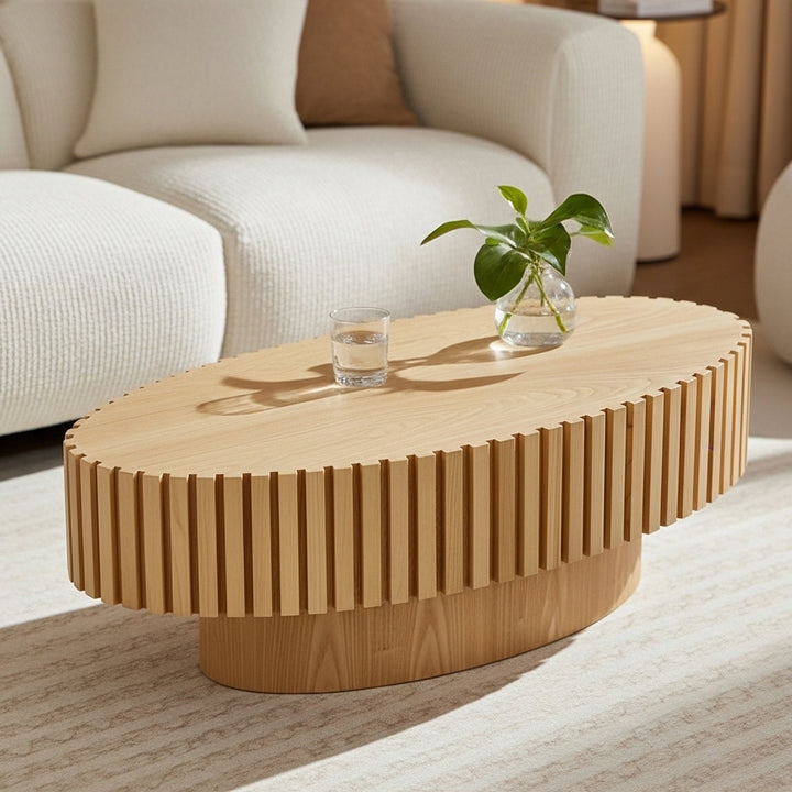 Modern Handcraft Drum Coffee Table Length 43.7 inch Ellipse Coffee Table for Living Room,Oval Small Coffee Table with Sturdy Pedestal