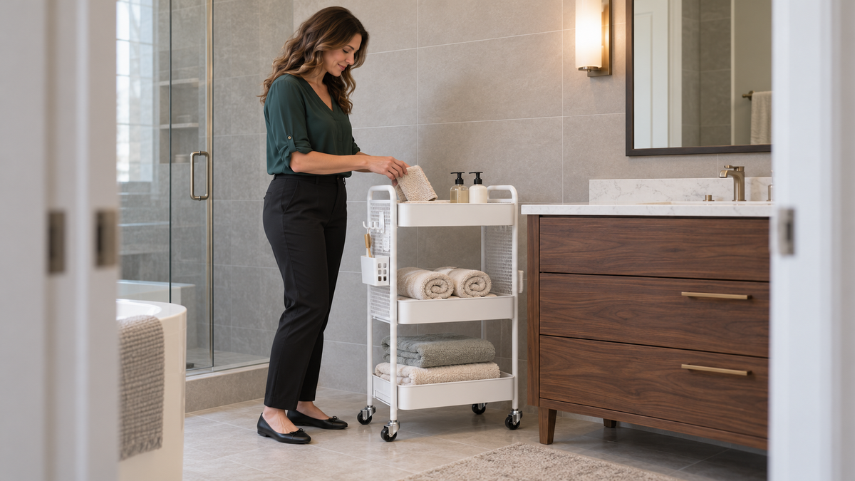 Woman placing a washcloth on a white pegboard cart holding toiletries and rolled towels beside a bathroom vanity.