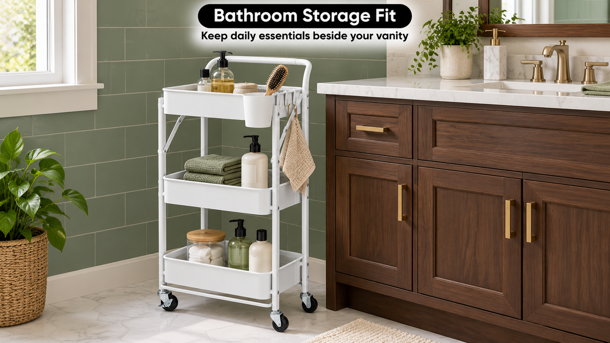 White foldable cart beside a bathroom vanity, with toiletries, folded towels, a hanging washcloth, and a brush cup.