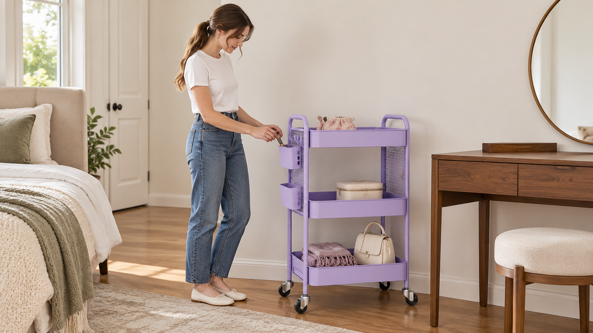 Woman placing makeup brushes in a purple pegboard cart’s side bin, with a jewelry box, scarf, and handbag on its shelves.