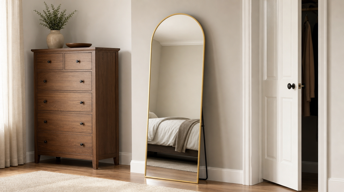 “Gold arched mirror on its rear stand between a tall wooden dresser and an open closet door.”