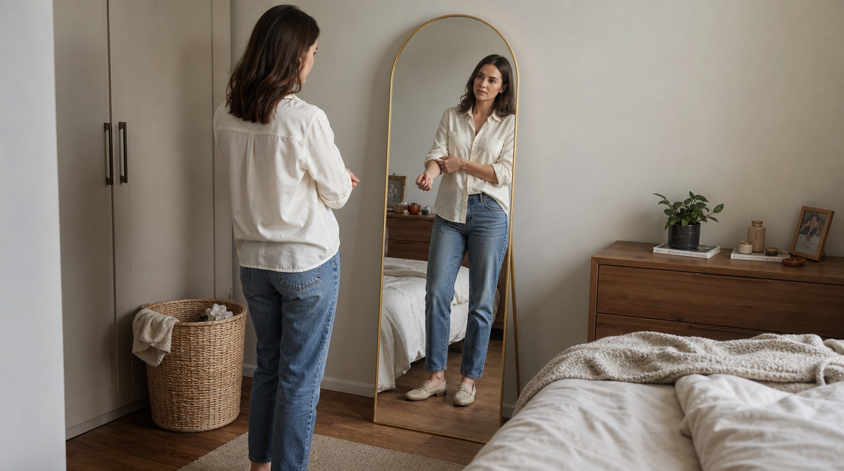 “Woman checking her outfit in a gold arched full length mirror on its stand beside a bedroom dresser.”