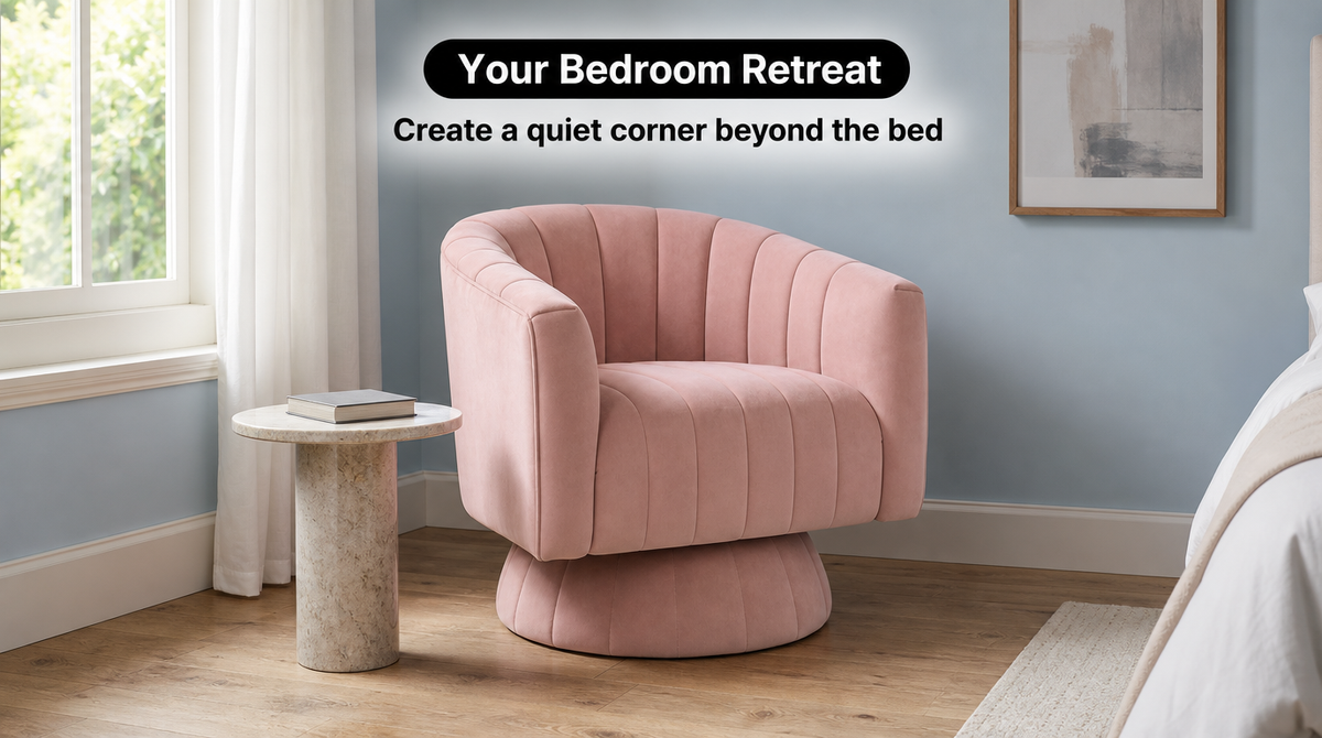 “Pink channel tufted accent chair beside a bed and window, with a book on a round side table.”