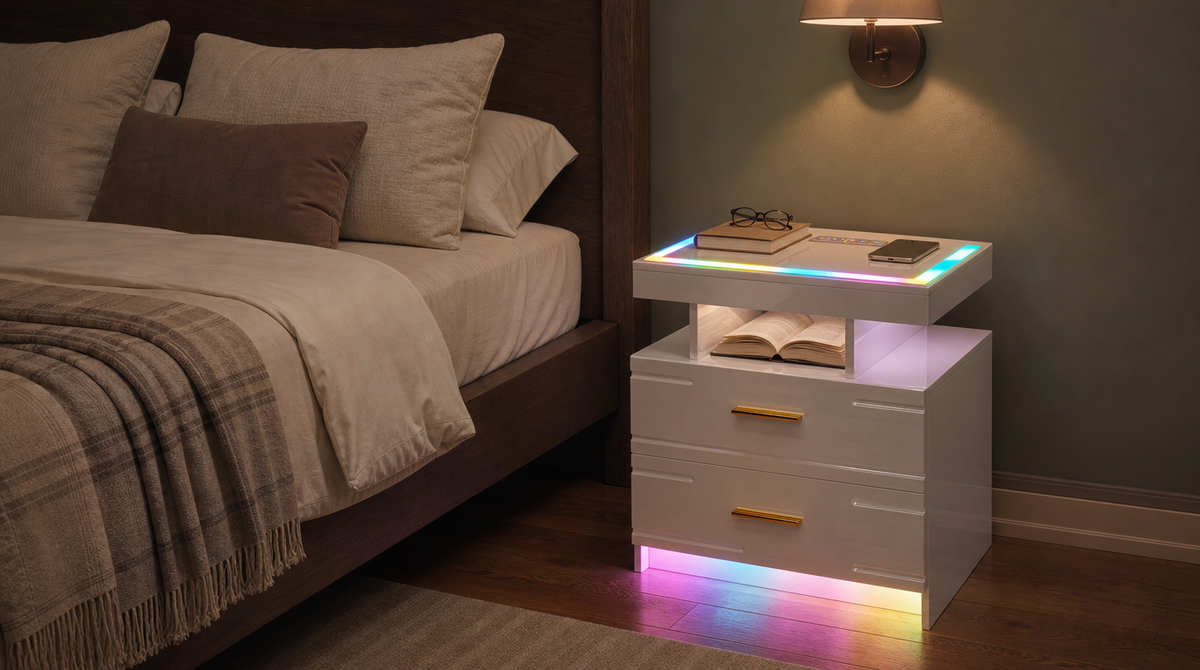 “White two-drawer nightstand beside a bed, with multicolor tabletop lighting and an open book on the shelf.”