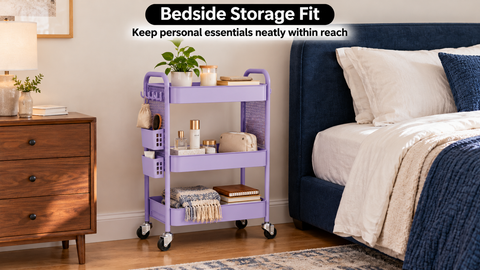 Purple pegboard rolling cart beside a bed, holding toiletries, books, and a folded throw, with a hairbrush in a side bin.