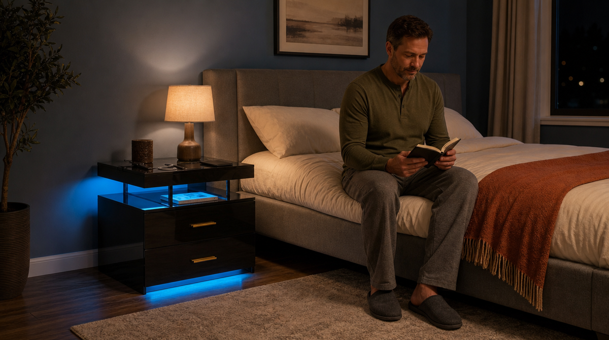 “Black two-drawer nightstand with blue lighting, books on its open shelf, and a lamp beside a seated reader.”