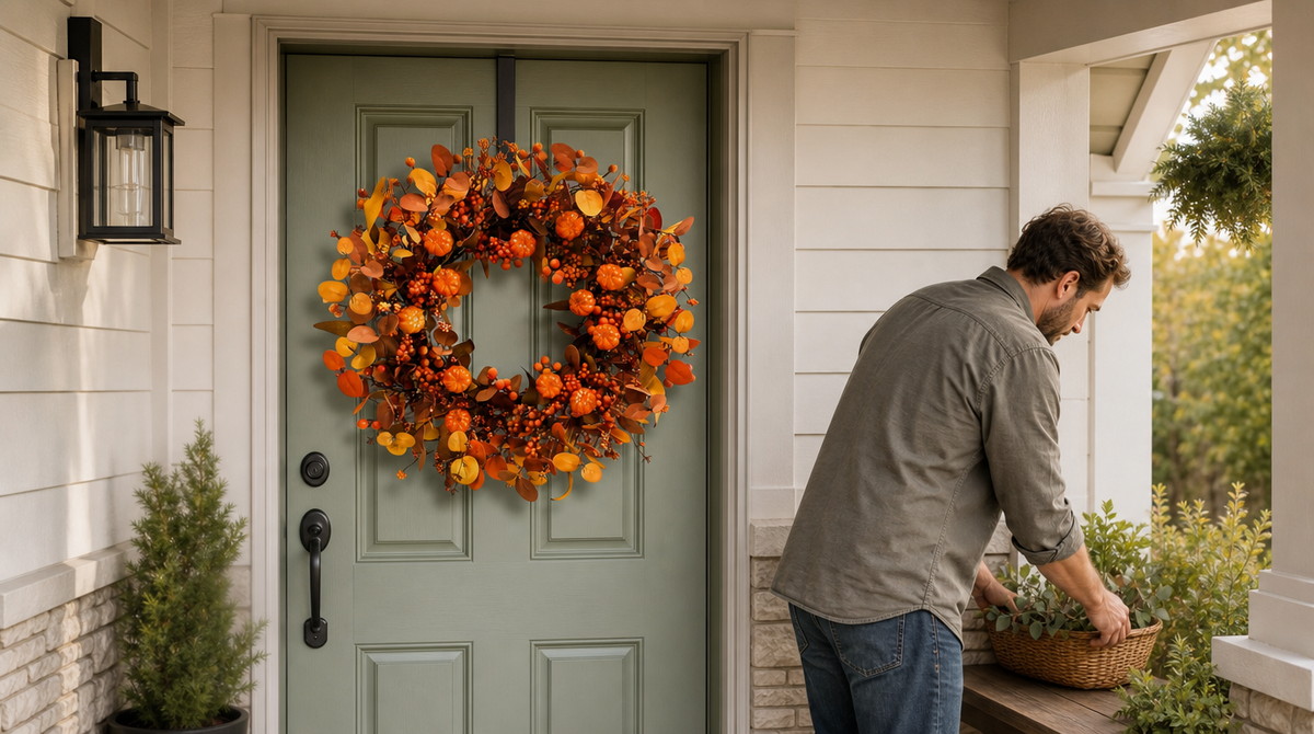 Pumpkin and berry fall wreath with orange foliage on a sage green door beneath a covered porch.