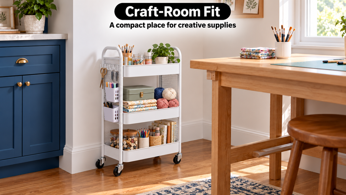 White pegboard cart beside a craft table, storing yarn, fabric, paintbrushes, and markers in shelves and side bins