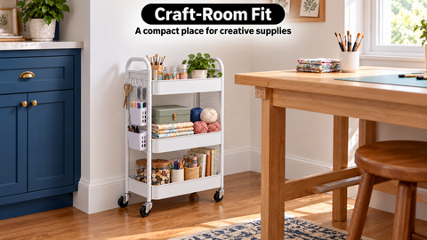 White pegboard cart beside a craft table, storing yarn, fabric, paintbrushes, and markers in shelves and side bins